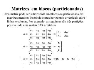 Matrizes em blocos (particionadas)
Uma matriz pode ser subdividida em blocos ou particionada em
matrizes menores inserindo cortes horizontais e verticais entre
linhas e colunas. Por exemplo, as seguintes são três partições
possíveis de uma matriz 3X4 arbitrária.
 