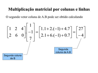 Multiplicação matricial por colunas e linhas
O segundo vetor coluna de A.B pode ser obtido calculando






































4
27
7
.
0
)
1
.(
6
1
.
2
7
.
4
)
1
.(
2
1
.
1
7
1
1
.
0
6
2
4
2
1
Segunda coluna
de B
Segunda
coluna de A.B
 
