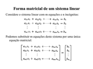 Considere o sistema linear com m equações e n incógnitas:
Podemos substituir m equações deste sistema por uma única
equação matricial:
Forma matricial de um sistema linear
 