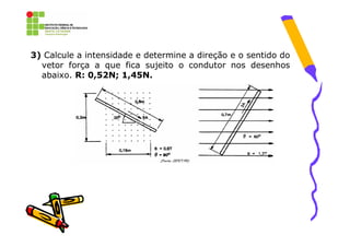 3) Calcule a intensidade e determine a direção e o sentido do
  vetor força a que fica sujeito o condutor nos desenhos
  abaixo. R: 0,52N; 1,45N.
 