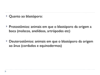  Quanto ao blastóporo:
 Protostômios: animais em que o blastóporo da origem a
boca (molscos, anelídeos, artrópodes etc)
 Deuterostômios: animais em que o blastóporo da origem
ao ânus (cordados e equinodermos)
 