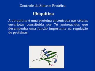 Controle da Síntese Protéica
Ubiquitina
A ubiquitina é uma proteína encontrada nas células
eucariotas constituída por 76 aminoácidos que
desempenha uma função importante na regulação
de proteínas.
 