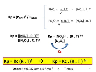 Kp = (PNO2)2 / PN2O4
PNO2 = n. R.T = [NO2] . R. T
V
PN2O4 = n. R. T = [N2O4] . R. T
V
Kp = ([NO2] . R. T)2
([N2O4] . R. T)1
Kp = [NO2]2 . (R . T) 2-1
[N2O4]
Kc
Kp = Kc (R . T)1 → Kp = Kc . (R . T ) Δn
Onde: R = 0,082 atm.L.K-1.mol-1 e T em K 30
 
