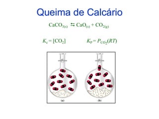 Queima de Calcário
CaCO3(s)  CaO(s) + CO2(g)
Kc = [CO2] KP = PCO2
(RT)
 