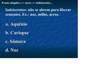 Indeiscentes: não se abrem para liberar
sementes. Ex.: noz, milho, arroz.
Fruto simples---> seco---> indeiscente...
a. Aquênio
a. Aquênio
b. Cariopse
b. Cariopse
c. Sâmara
c. Sâmara
d. Noz
d. Noz
 
