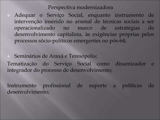 Perspectiva modernizadora
 Adequar o Serviço Social, enquanto instrumento de
intervenção inserido no arsenal de técnicas sociais a ser
operacionalizado no marco de estratégias de
desenvolvimento capitalista, às exigências próprias pelos
processos sócio-políticos emergentes no pós-64;
 Seminários de Araxá e Teresópolis;
Tematização do Serviço Social como dinamizador e
integrador do processo de desenvolvimento;
Instrumento profissional de suporte a políticas de
desenvolvimento;
 