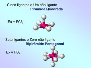 -Sete ligantes e Zero não ligante
Bipirâmide Pentagonal
Ex = FB7
-Cinco ligantes e Um não ligante
Pirâmide Quadrada
Ex = FCℓ5
 