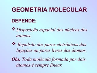 GEOMETRIA MOLECULAR
DEPENDE:
Disposição espacial dos núcleos dos
átomos.
 Repulsão dos pares eletrônicos das
ligações ou pares livres dos átomos.
Obs. Toda molécula formada por dois
átomos é sempre linear.
 