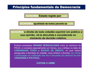 Princípios fundamentais da Democracia

              EUNOMIA Estado regido por Leis

        ISONOMIA igualdade de todos perante as Leis


ISEGORIA o direito de todo cidadão exprimir em público a
      sua opinião, vê-la discutida e considerada no
              momento da decisão coletiva.

  Embora persistisse GRANDE DESIGUALDADE entre os membros da
  PÓLIS, a novidade especialmente em Atenas, era a ênfase na ideia de
  COMUNIDADE CÍVICA e ESTADO DE DIREITO, no qual estava
  assegurada a liberdade do cidadão, seus direitos e deveres, seu direito
  à participação na codificação das leis e discussão dos destinos da polis
  (CIDADANIA E POLÍTICA).

                          CIVITAS X URBE
 