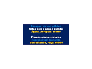 Espaços de uso público
feitos pela e para a cidade:
  Ágora, Acrópole, teatro

 Formas semi-circulares
 Representam isonomia
Bouleuterion, Pnyx, teatro
 