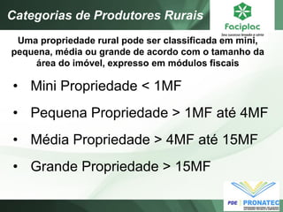 •Mini Propriedade < 1MF 
•Pequena Propriedade > 1MF até 4MF 
•Média Propriedade > 4MF até 15MF 
•Grande Propriedade > 15MF 
Categorias de Produtores Rurais 
Uma propriedade rural pode ser classificada em mini, pequena, média ou grande de acordo com o tamanho da área do imóvel, expresso em módulos fiscais  