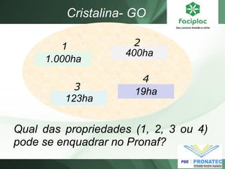 123ha 
400ha 
1.000ha 
1 
2 
3 
Cristalina- GO 
19ha 
4 
Qual das propriedades (1, 2, 3 ou 4) pode se enquadrar no Pronaf?  
