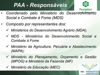 PAA - Responsáveis 
•Coordenado pelo Ministério do Desenvolvimento Social e Combate à Fome (MDS) 
•Composto por representantes dos: 
Ministérios do Desenvolvimento Agrário (MDA); 
MDS - Ministérios do Desenvolvimento Social e Combate à Fome 
Ministério da Agricultura, Pecuária e Abastecimento (MAPA); 
Ministério do Planejamento, Orçamento e Gestão (MPOG) e Ministério da Fazenda (MF) 
Ministério da Educação (MEC)  