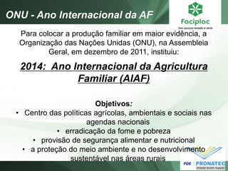 Para colocar a produção familiar em maior evidência, a Organização das Nações Unidas (ONU), na Assembleia Geral, em dezembro de 2011, instituiu: 
2014: Ano Internacional da Agricultura Familiar (AIAF) 
ONU - Ano Internacional da AF 
Objetivos: 
•Centro das políticas agrícolas, ambientais e sociais nas agendas nacionais 
•erradicação da fome e pobreza 
•provisão de segurança alimentar e nutricional 
•a proteção do meio ambiente e no desenvolvimento sustentável nas áreas rurais  