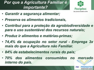 Por que a Agricultura Familiar é importante? 
•Garantir a segurança alimentar; 
•Preserva os alimentos tradicionais, 
•Contribui para a proteção da agrobiodiversidade e para o uso sustentável dos recursos naturais; 
•Produz ir alimentos e matérias-primas; 
•74,4% da ocupação no setor rural - Emprega 3x mais do que a Agricultura não Familiar. 
•84% de estabelecimentos rurais do país; 
•70% dos alimentos consumidos no mercado interno do país.  