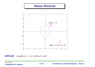 Norma Matricial

                           2



                       1.5



                           1                          x   1   =1

                       0.5



                           0



                      −0.5



                       −1

PSfrag replacements
                      −1.5
                                                      A   1   =3+1=4
                       −2
                        −4     −3   −2   −1       0   1        2    3      4




 MATLAB         norm(A,r), r = 1, 2 ou r =inf


                                         pag.25           Introdu¸˜o ao Controle Robusto – Aula 4
                                                                 ca
  c Reinaldo M. Palhares
 
