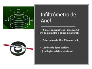 Infiltrômetro de
Anel
• 2 anéis concêntricos ( 25 cm e 50
cm de diâmetro e 30 cm de altura);
• Enterrados de 10 a 15 cm no solo;
• Lâmina de água variável
• (oscilação máxima de 4 cm).
 