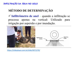 INFILTRAÇÃO DA ÁGUA NO SOLO
MÉTODO DE DETERMINAÇÃO
✓ Infiltrômetro de anel – quando a infiltração se
processa apenas na vertical: Utilizado para
irrigação por aspersão e por inundação.
https://slideplayer.com.br/slide/4071276/
 