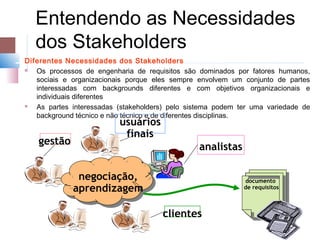 Entendendo as Necessidades
   dos Stakeholders
Diferentes Necessidades dos Stakeholders
  Os processos de engenharia de requisitos são dominados por fatores humanos,
   sociais e organizacionais porque eles sempre envolvem um conjunto de partes
   interessadas com backgrounds diferentes e com objetivos organizacionais e
   individuais diferentes
  As partes interessadas (stakeholders) pelo sistema podem ter uma variedade de
   background técnico e não técnico e de diferentes disciplinas.
                          usuários
                           finais
   gestão
                                                analistas

              negociação,                                    documento
             aprendizagem                                    de requisitos



                                      clientes
 