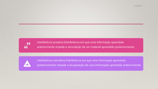 31/08/2022
interferência proativa Interferência em que uma informação aprendida
anteriormente impede a recordação de um material aprendido posteriormente.
interferência retroativa Interferência em que uma informação aprendida
posteriormente impede a recuperação de uma informação aprendida anteriormente.
 