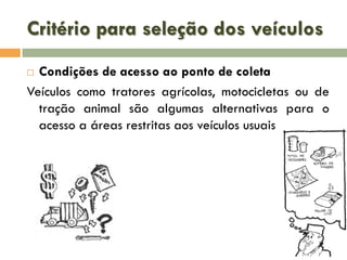 Critério para seleção dos veículos
Condições de acesso ao ponto de coleta
Veículos como tratores agrícolas, motocicletas ou de
tração animal são algumas alternativas para o
acesso a áreas restritas aos veículos usuais


 