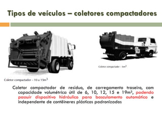 Tipos de veículos – coletores compactadores

Coletor compactador de resíduo, de carregamento traseiro, com
capacidade volumétrica útil de 6, 10, 12, 15 e 19m³, podendo
possuir dispositivo hidráulico para basculamento automático e
independente de contêineres plásticos padronizados

 