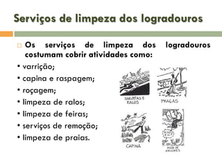Serviços de limpeza dos logradouros
Os serviços de limpeza dos
costumam cobrir atividades como:
• varrição;
• capina e raspagem;
• roçagem;
• limpeza de ralos;
• limpeza de feiras;
• serviços de remoção;
• limpeza de praias.


logradouros

 