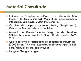 Material Consultado










Instituto de Pesquisa Tecnológicas do Estado de São
Paulo – IPT.Lixo municipal: Manual de gerenciamento
integrado. São Paulo, 2000 IPT/Cempre.
Cartilha de Limpeza Urbana. Bahia, Sergio (org).
Centro de Estudos Urbanos do IBAM
Manual de Gerenciamento Integrado de Resíduos
Sólidos. Monteiro, Jose H. P. ET AL. Rio de Janeiro IBAM,
2001
Coleta seletiva e reciclagem de excedentes industriais (2003)http://www.fiesp.com.br/publicacoes/pdf/ambi
ente/manual_coleta_seletiva.pdf
Imagens Google imagens

 