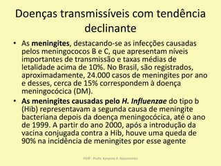 Doenças transmissíveis com tendência
declinante
• As meningites, destacando-se as infecções causadas
pelos meningococos B e C, que apresentam níveis
importantes de transmissão e taxas médias de
letalidade acima de 10%. No Brasil, são registrados,
aproximadamente, 24.000 casos de meningites por ano
e desses, cerca de 15% correspondem à doença
meningocócica (DM).
• As meningites causadas pelo H. Influenzae do tipo b
(Hib) representavam a segunda causa de meningite
bacteriana depois da doença meningocócica, até o ano
de 1999. A partir do ano 2000, após a introdução da
vacina conjugada contra a Hib, houve uma queda de
90% na incidência de meningites por esse agente
PDIP - Profa. Karynne A. Nascimento
 