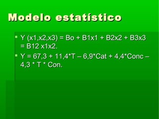 Modelo estatísticoModelo estatístico
 Y (x1,x2,x3) = Bo + B1x1 + B2x2 + B3x3Y (x1,x2,x3) = Bo + B1x1 + B2x2 + B3x3
= B12 x1x2.= B12 x1x2.
 Y = 67,3 + 11,4*T – 6,9*Cat + 4,4*Conc –Y = 67,3 + 11,4*T – 6,9*Cat + 4,4*Conc –
4,3 * T * Con.4,3 * T * Con.
 