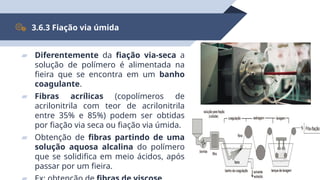 46
3.6.3 Fiação via úmida
▰ Diferentemente da fiação via-seca a
solução de polímero é alimentada na
fieira que se encontra em um banho
coagulante.
▰ Fibras acrílicas (copolímeros de
acrilonitrila com teor de acrilonitrila
entre 35% e 85%) podem ser obtidas
por fiação via seca ou fiação via úmida.
▰ Obtenção de fibras partindo de uma
solução aquosa alcalina do polímero
que se solidifica em meio ácidos, após
passar por um fieira.
 