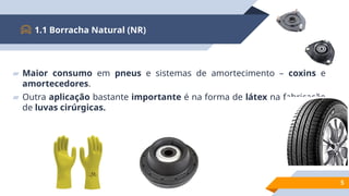 ▰ Maior consumo em pneus e sistemas de amortecimento – coxins e
amortecedores.
▰ Outra aplicação bastante importante é na forma de látex na fabricação
de luvas cirúrgicas.
1.1 Borracha Natural (NR)
5
 
