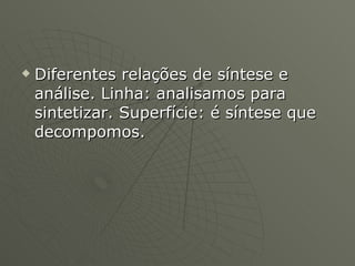Diferentes relações de síntese e análise. Linha: analisamos para sintetizar. Superfície: é síntese que decompomos. 