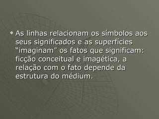 As linhas relacionam os símbolos aos seus significados e as superfícies “imaginam” os fatos que significam: ficção conceitual e imagética, a relação com o fato depende da estrutura do médium. 