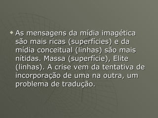 As mensagens da mídia imagética são mais ricas (superfícies) e da mídia conceitual (linhas) são mais nítidas. Massa (superfície), Elite (linhas). A crise vem da tentativa de incorporação de uma na outra, um problema de tradução.  