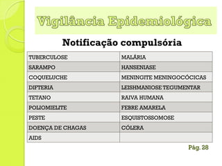 Notificação compulsória
Pág. 28
TUBERCULOSE MALÁRIA
SARAMPO HANSENIASE
COQUELUCHE MENINGITE MENINGOCÓCICAS
DIFTERIA LEISHMANIOSE TEGUMENTAR
TETANO RAIVA HUMANA
POLIOMIELITE FEBRE AMARELA
PESTE ESQUISTOSSOMOSE
DOENÇA DE CHAGAS CÓLERA
AIDS
 