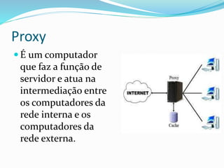 Proxy
 É um computador

que faz a função de
servidor e atua na
intermediação entre
os computadores da
rede interna e os
computadores da
rede externa.

 