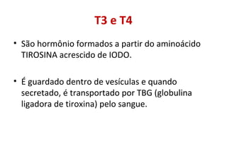 T3 e T4
• São hormônio formados a partir do aminoácido
TIROSINA acrescido de IODO.
• É guardado dentro de vesículas e quando
secretado, é transportado por TBG (globulina
ligadora de tiroxina) pelo sangue.
 
