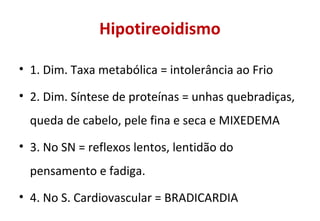 Hipotireoidismo
• 1. Dim. Taxa metabólica = intolerância ao Frio
• 2. Dim. Síntese de proteínas = unhas quebradiças,
queda de cabelo, pele fina e seca e MIXEDEMA
• 3. No SN = reflexos lentos, lentidão do
pensamento e fadiga.
• 4. No S. Cardiovascular = BRADICARDIA
 