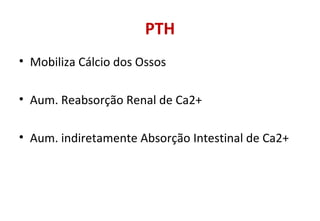 PTH
• Mobiliza Cálcio dos Ossos
• Aum. Reabsorção Renal de Ca2+
• Aum. indiretamente Absorção Intestinal de Ca2+
 