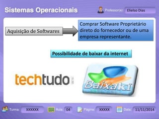 Turma: 2503-B Aula: 10 Pág: 10 a 17 Data: 18-jan-12 
XXXXXX 04 XXXXX 11/11/2014 
Instrutor: Ricardo Paladini Matos 
Elielso Dias 
Aquisição de Softwares 
Comprar Software Proprietário 
direto do fornecedor ou de uma 
empresa representante. 
Possibilidade de baixar da internet 
 