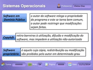 Turma: 2503-B Aula: 10 Pág: 10 a 17 Data: 18-jan-12 
XXXXXX 04 XXXXX 11/11/2014 
Instrutor: Ricardo Paladini Matos 
Elielso Dias 
Software em 
Domínio Público 
o autor do software relega a propriedade 
do programa e este se torna bem comum, 
o autor pode restringir que modificações 
sejam feitas. 
Copyleft 
retira barreiras à utilização, difusão e modificação do 
software, mas impedem a utilização não-autorizada 
Software 
proprietário 
é aquele cuja cópia, redistribuição ou modificação 
são proibidos pelo autor em determinado grau 
 