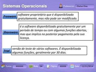 Turma: 2503-B Aula: 10 Pág: 10 a 17 Data: 18-jan-12 
XXXXXX 04 XXXXX 11/11/2014 
Instrutor: Ricardo Paladini Matos 
Elielso Dias 
Freeware 
software proprietário que é disponibilizado 
gratuitamente, mas não pode ser modificado. 
Shareware 
é o software disponibilizado gratuitamente por um 
período de tempo ou com algumas funções abertas, 
mas que implica no posterior pagamento pela sua 
licença. 
Trial 
versão de teste de vários softwares. É disponibilizada 
algumas funções, geralmente por 30 dias. 
 
