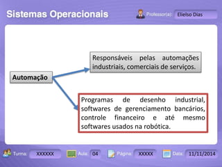 Turma: 2503-B Aula: 10 Pág: 10 a 17 Data: 18-jan-12 
XXXXXX 04 XXXXX 11/11/2014 
Instrutor: Ricardo Paladini Matos 
Elielso Dias 
Automação 
Responsáveis pelas automações 
industriais, comerciais de serviços. 
Programas de desenho industrial, 
softwares de gerenciamento bancários, 
controle financeiro e até mesmo 
softwares usados na robótica. 
 