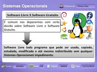 Turma: 2503-B Aula: 10 Pág: 10 a 17 Data: 18-jan-12 
XXXXXX 04 XXXXX 11/11/2014 
Instrutor: Ricardo Paladini Matos 
Elielso Dias 
Software Livre X Software Gratuito 
É comum nos depararmos com certa 
dúvida sobre Software Livre e Software 
Gratuito. 
Software Livre todo programa que pode ser usado, copiado, 
estudado, modificado e até mesmo redistribuído sem qualquer 
Sistemas Operacionais impedimento. 
 