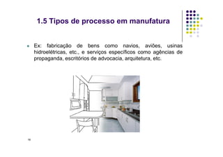 Ex: fabricação de bens como navios, aviões, usinas
hidroelétricas, etc., e serviços específicos como agências de
propaganda, escritórios de advocacia, arquitetura, etc.
1.5 Tipos de processo em manufatura
18
 