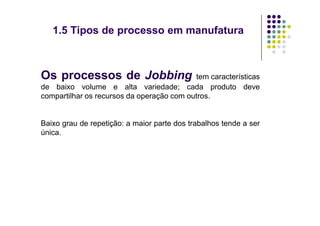 Os processos de Jobbing tem características
de baixo volume e alta variedade; cada produto deve
compartilhar os recursos da operação com outros.
1.5 Tipos de processo em manufatura
Baixo grau de repetição: a maior parte dos trabalhos tende a ser
única.
 