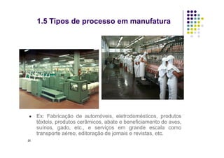 1.5 Tipos de processo em manufatura
 Ex: Fabricação de automóveis, eletrodomésticos, produtos
têxteis, produtos cerâmicos, abate e beneficiamento de aves,
suínos, gado, etc., e serviços em grande escala como
transporte aéreo, editoração de jornais e revistas, etc.
25
 