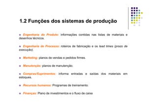 Engenharia do Produto: informações contidas nas listas de materiais e
desenhos técnicos.
 Engenharia de Processo: roteiros de fabricação e os lead times (prazo de
execução).
1.2 Funções dos sistemas de produção
 Marketing: planos de vendas e pedidos firmes.
 Manutenção: planos de manutenção.
 Compras/Suprimentos: informa entradas e saídas dos materiais em
estoques.
 Recursos humanos: Programas de treinamento.
 Finanças: Plano de investimentos e o fluxo de caixa
 