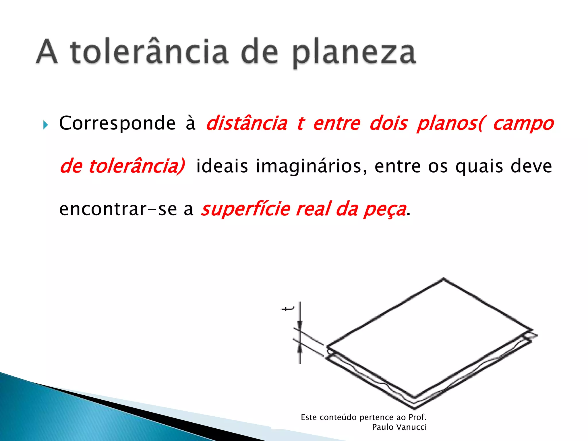  Corresponde à distância t entre dois planos( campo
de tolerância) ideais imaginários, entre os quais deve
encontrar-se a superfície real da peça.
Este conteúdo pertence ao Prof.
Paulo Vanucci
 